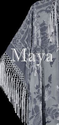 Pre-owned Maya Matazaro Silver Gray Fringe Jacket Kimono Duster Silk Burnout Velvet  Plus