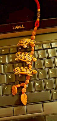 CHINESE ORIENTAL GOOD LUCK DOOR/CAR CHARM THREE (3) BROWN TURTLES W/ LEAVES