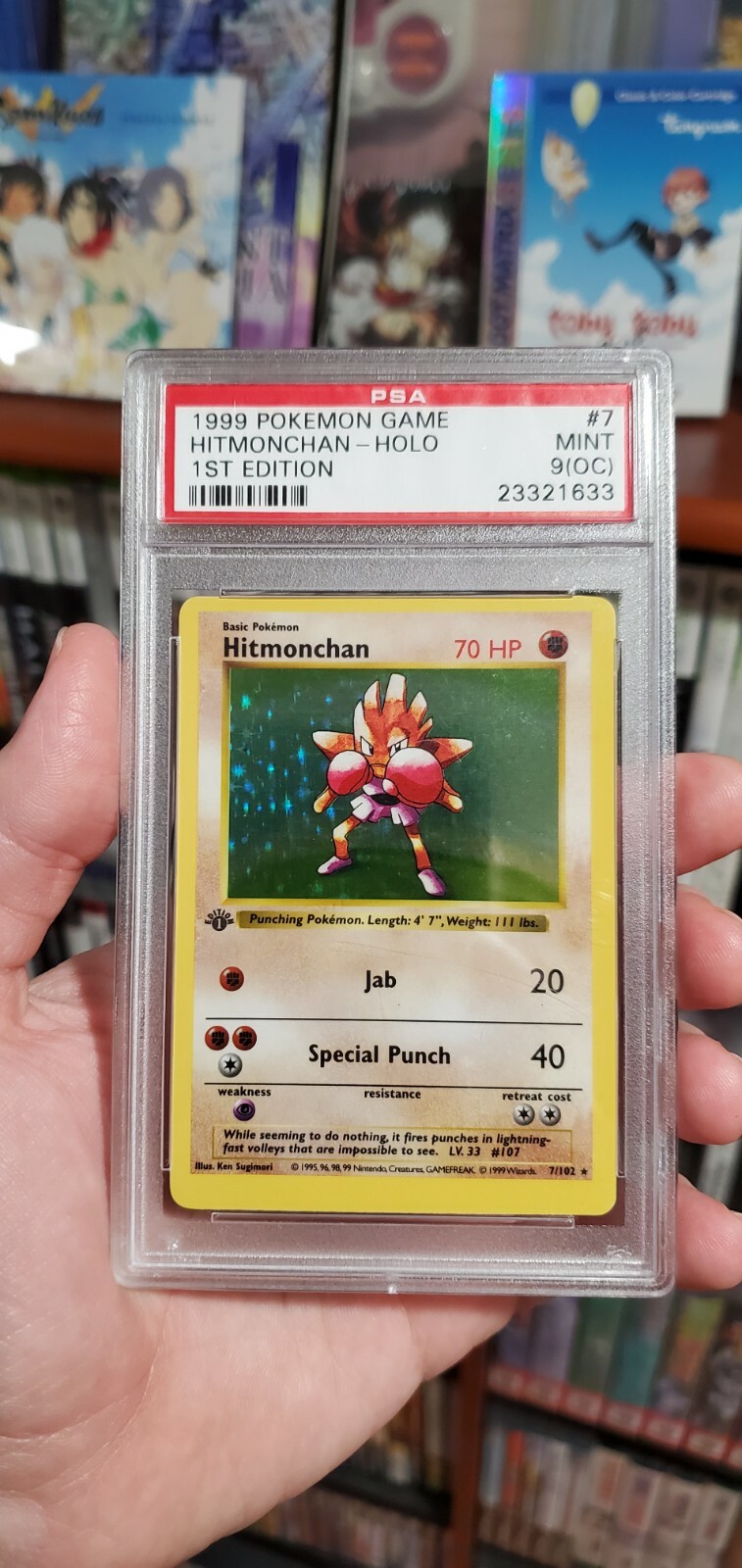 PSA 9 OC 1st edition Shadowless Hitmonchan 🥊 7/102 💎 Holo