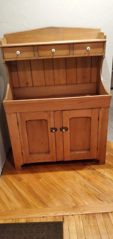 Antique American Colonial Primitive Pine Wood Stepback Drysink Cupboard Hutch