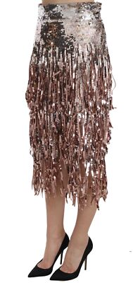 Pre-owned Dolce & Gabbana Skirt Sequin Embellished Fringe Midi Pencil It44/ Us10 /l $10600 In Gray