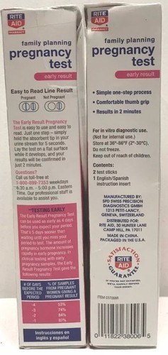 Pregnancy Early Test by Rite Aid, Lot of 2, Total 4 Individual Tests, Exp 08/17