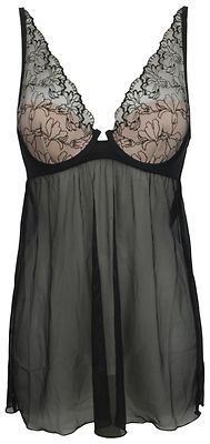Ex-Store Sheer Embroidered Lace Babydoll Black and Nude
