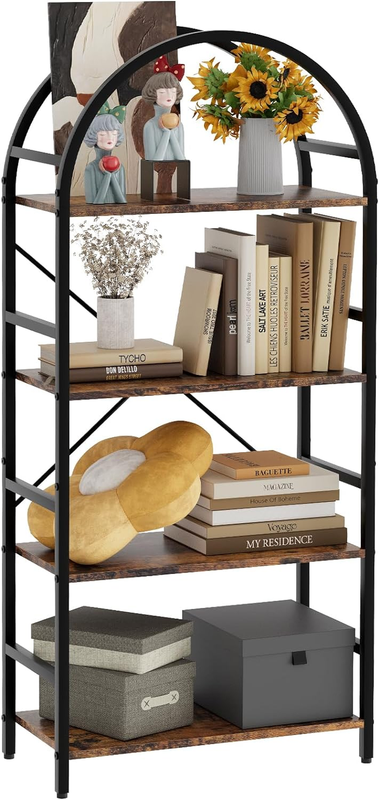 4-Tier Bookshelf, 24 Inch Width Industrial Arched Bookcase, Vintage Storage Rack