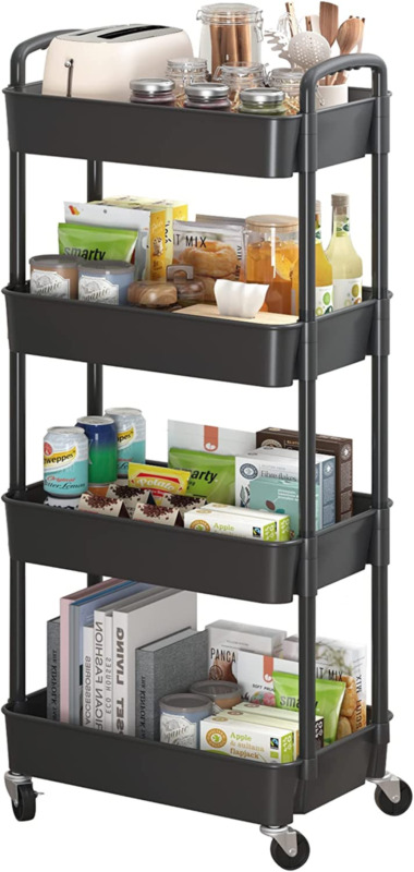4-Tier Plastic Rolling Utility Cart with Handle, Multi-Functional Storage Trolle