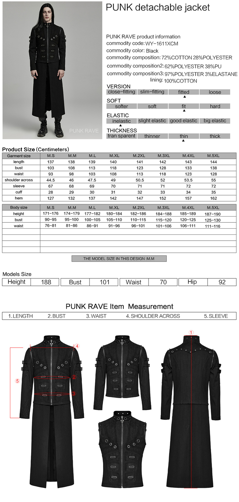 Pre-owned Punk Rave Men Steampunk Detachable Gothic Jackets Motorcycle Visual Coat Vests In Black