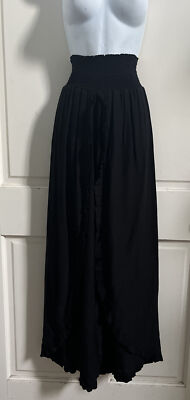 CARAVANSERAI NEW Black 100% Rayon Smocked Waist Wide Draped Open Harem Pants S/M