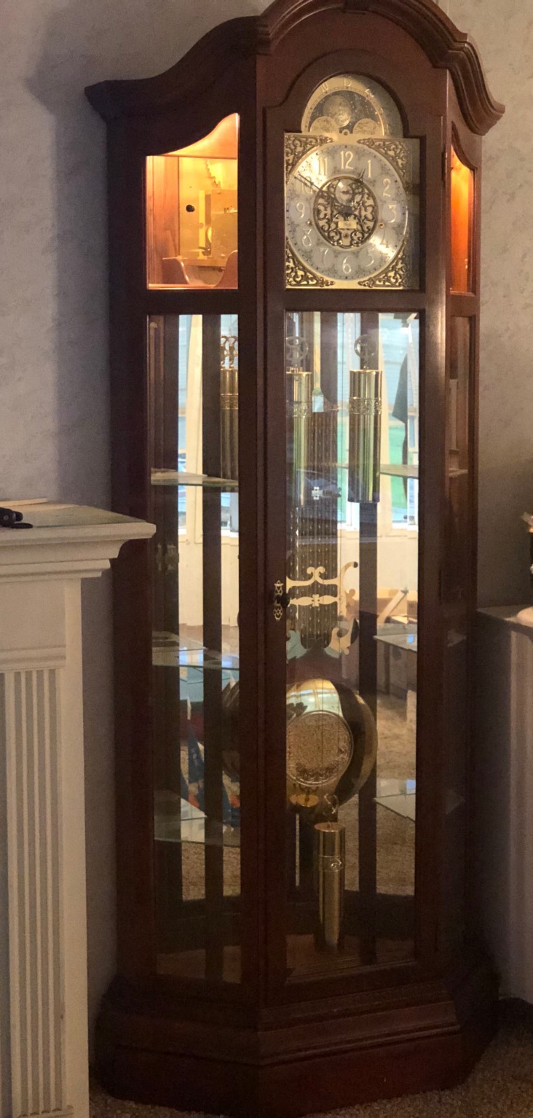 SLIGH Oak Grandfather Clock w/ Glass Curio and Back light (Model 0928)