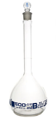 Eisco Labs 500ml Volumetric Flask with Glass Stopper, Class B, White Graduation