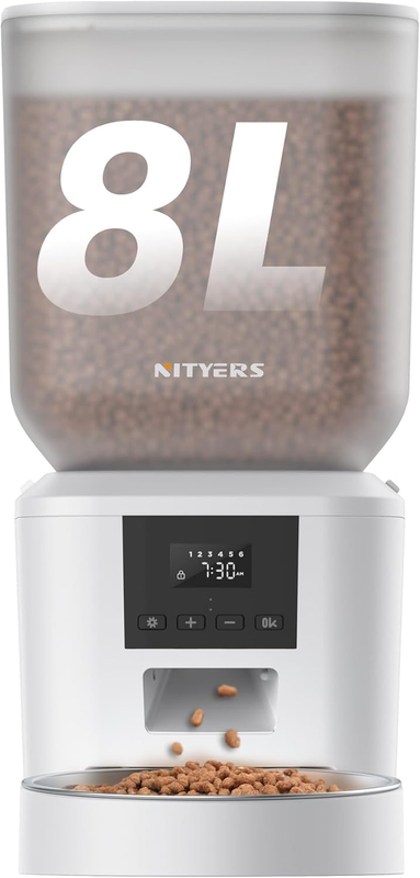 Automatic Dog Feeder - 8L/34 Cups Large Capacity Automatic Cat Food Dispenser with LCD Screen, Large Food Tray, Battery Operated, Timed Cat Feeder, up to 50 Portions 6 Meals per Day, Keeps Fresh