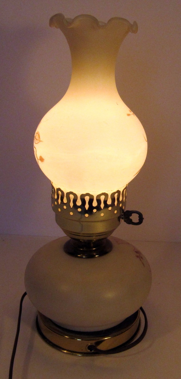 Vintage Electric Glass Lamp with Painted Leaf Pattern