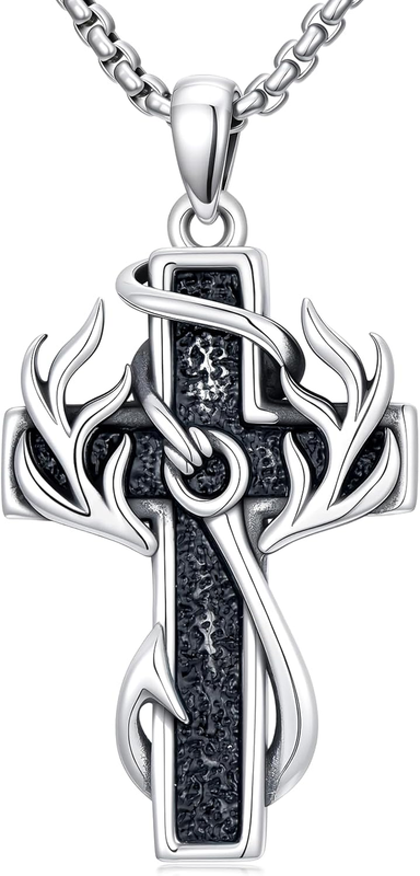 Men's 925 Sterling Silver Cross Antler Fish Hook Necklace