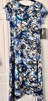 Tango Mango, NWT, White/Blue/Black/Beige Swirl Print Dress, Medium ret $99