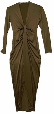 Brown Satin Effect Twisted Effect Plunging Neckline Front Slit Size L