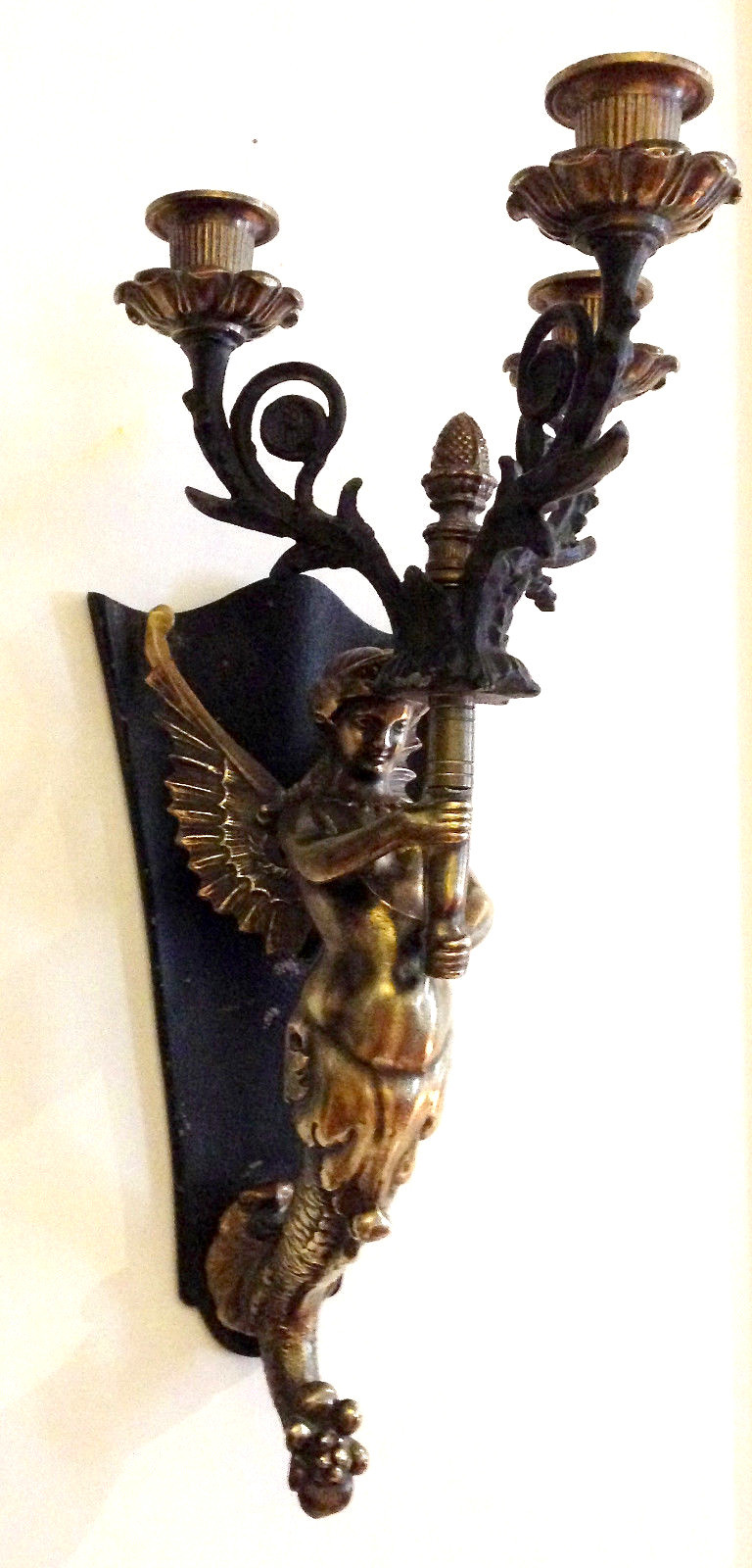 Pair of Vintage French Bronze Brass Mermaid Candelabra Wall Sconces