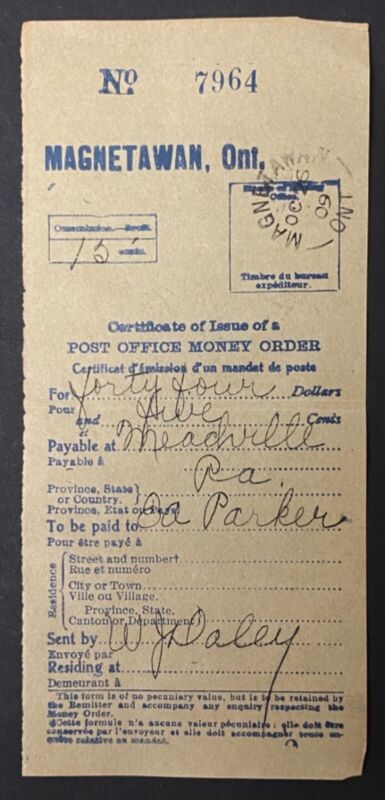1909 Magnetawan ON Post Office Money Order Confirmation Parry Sound District