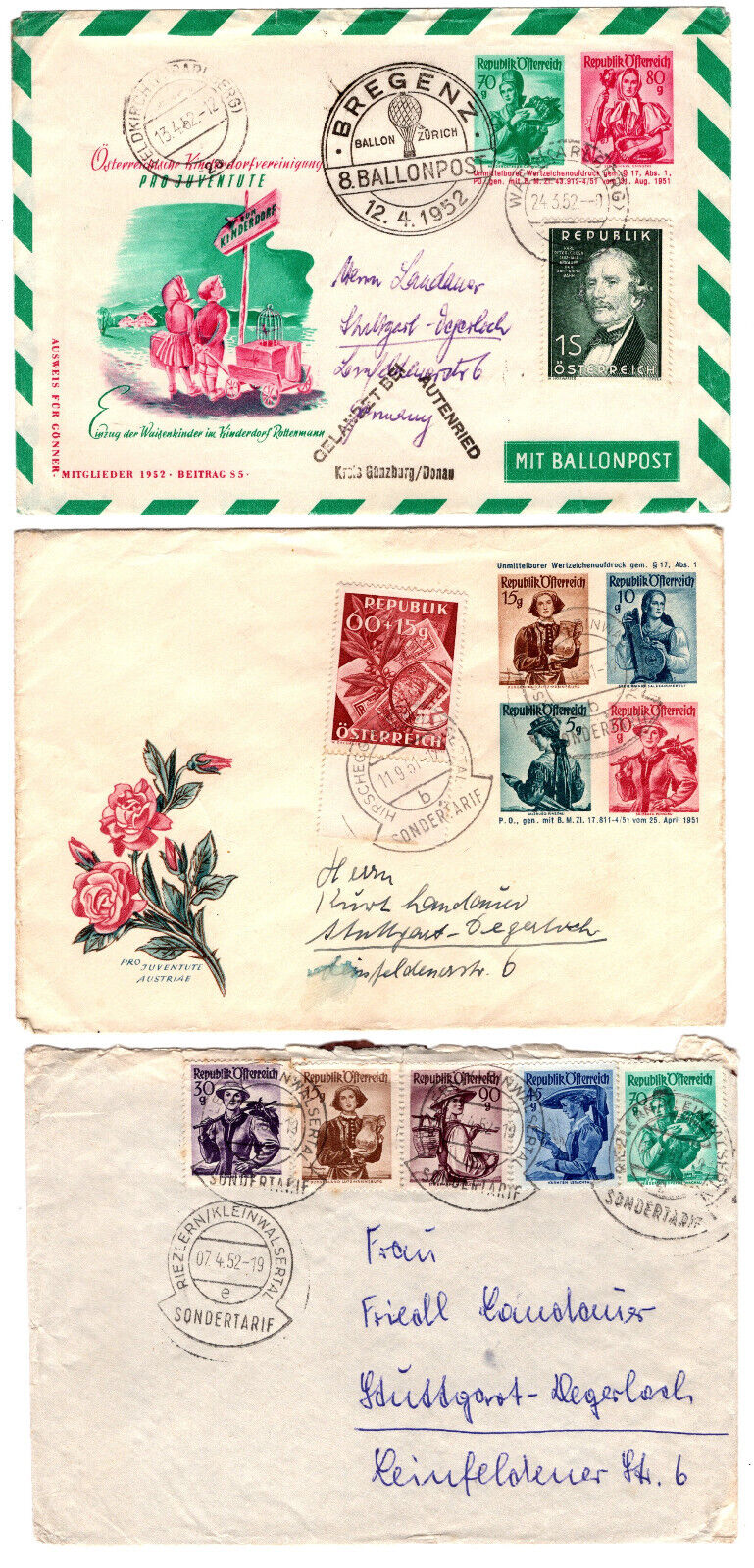 sterreich 2 Privatganzsachen & Brief Trachten Sonderporto & Ballonpost 1951/52