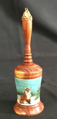 Hand Painted Scenic Wood Bell Ornament W Red Fox Log Cabin Snow
