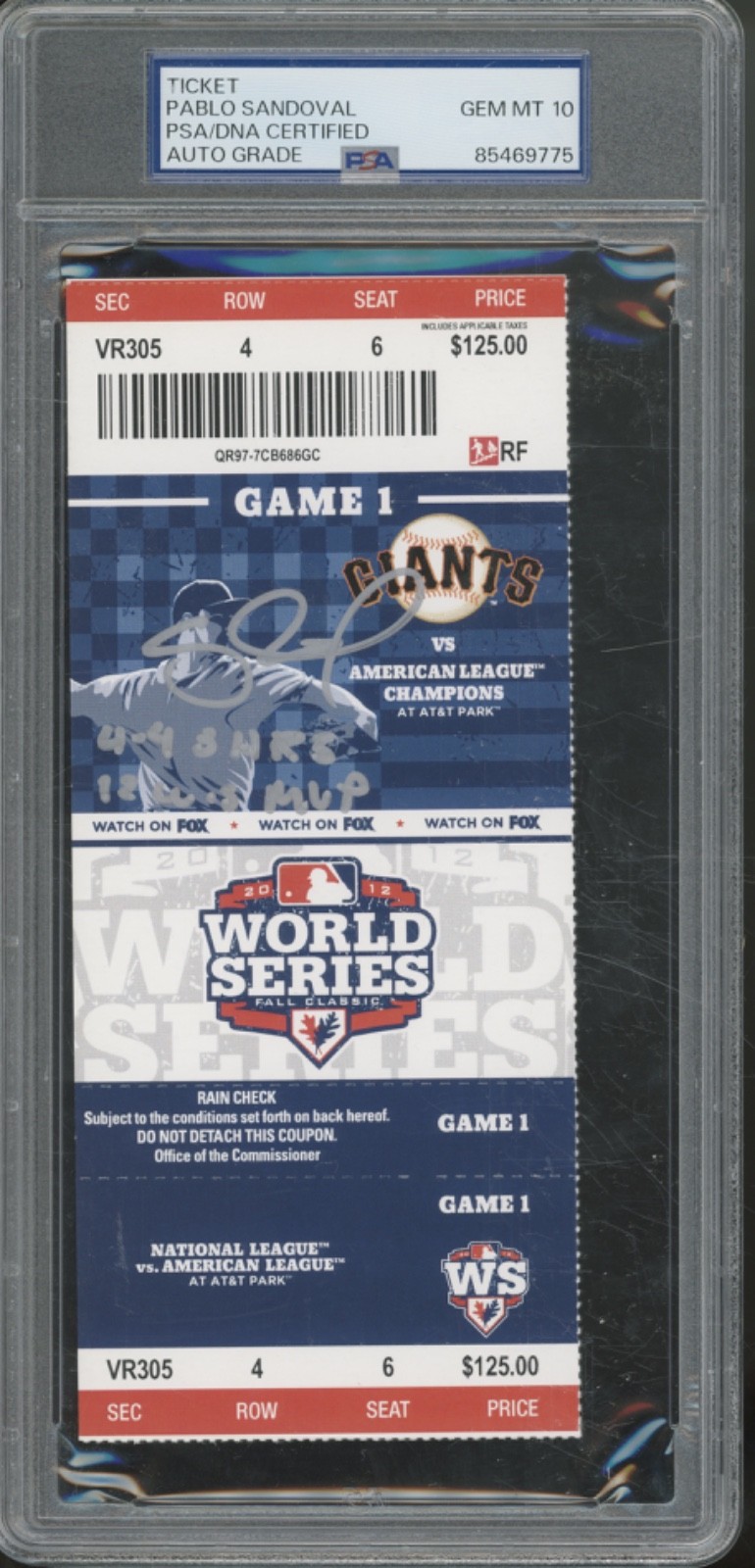 2012 World Series Ticket Pablo Sandoval Autograph Gem Mint PSA DNA 10 Auto