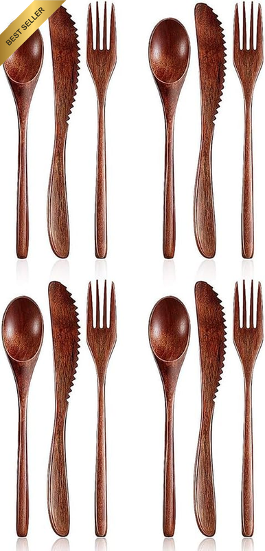 12 Pcs Wooden Cutlery Set – Reusable Spoon, Fork, Knife Flatware Set, Phoebe Woo