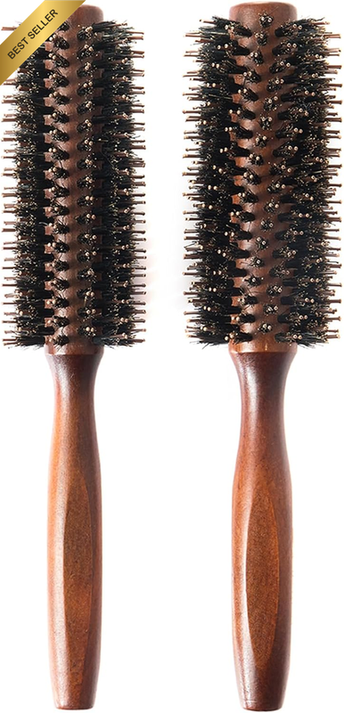 Boar Bristle round Hair Brush Set with Nylon Pin, Wooden Handle for Straightenin