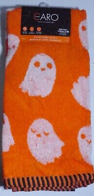 NEW CARO 2 Pk Black Orange Terrycloth Kitchen Towels Ghost Halloween