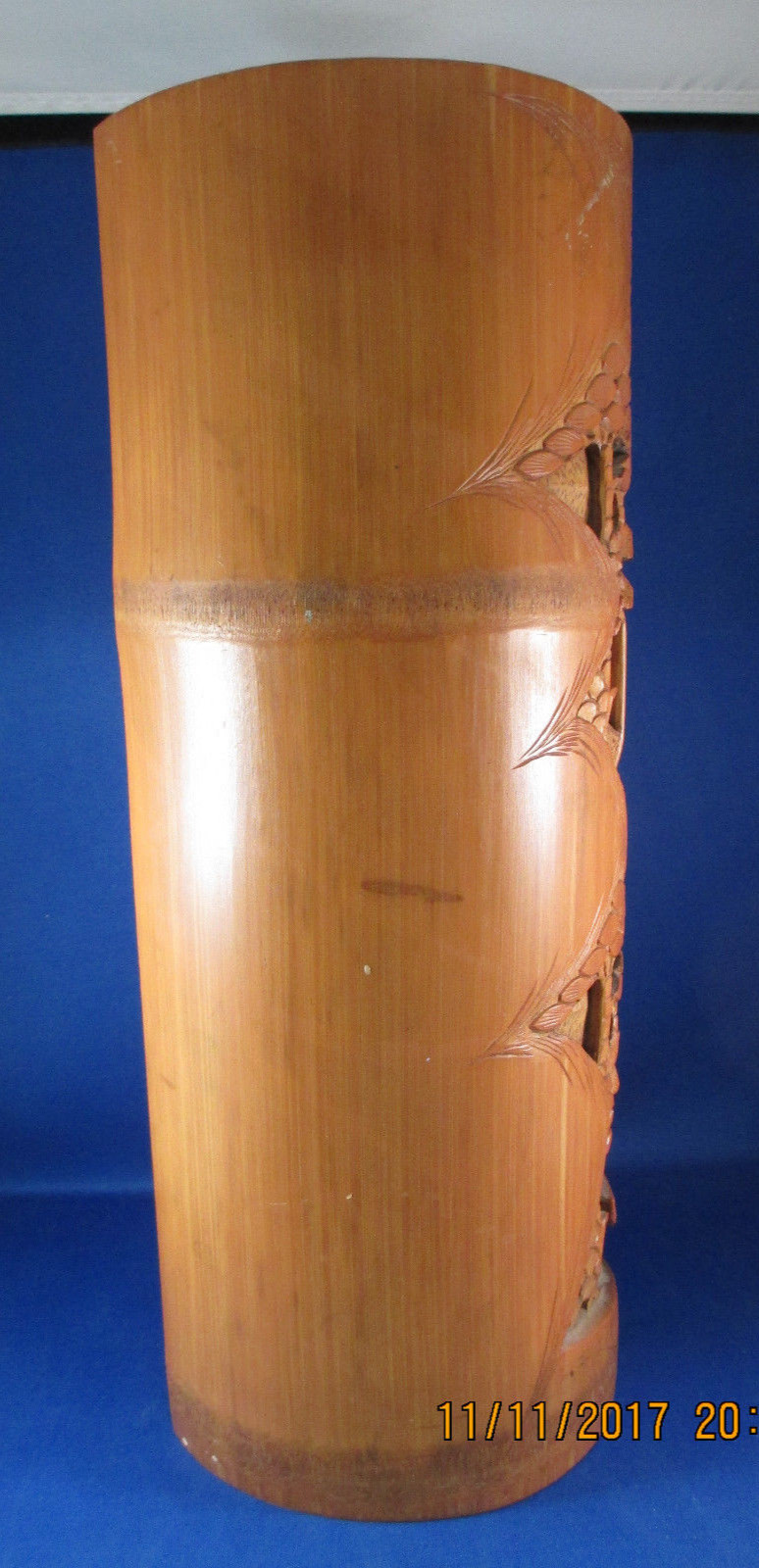 Old Chinese Bamboo Hand Carved Brush Pot High Relief Boat Men - 13 Inches Tall