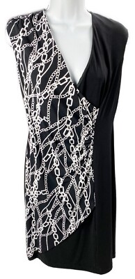 10 Connected Apparel Stretch Black Dress VNeck White Chain Ruched Side Pullover