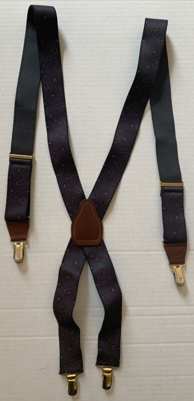 Vintage Suspenders CAS West Germany Elastic Blue Paisley Leather Gold Clips