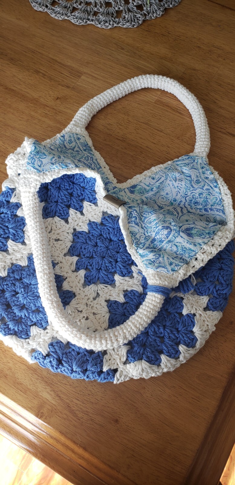 Hand crocheted bag, beautiful blue and cream lined purse. Great for casual or ev