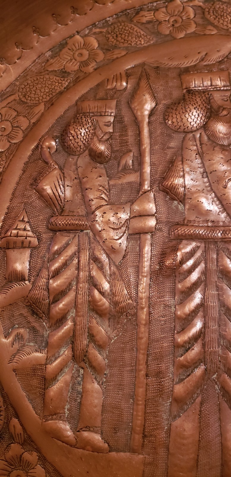 Vintage Hand Tooled Copper Persian Three Kings w/Scottish Terrier dog??