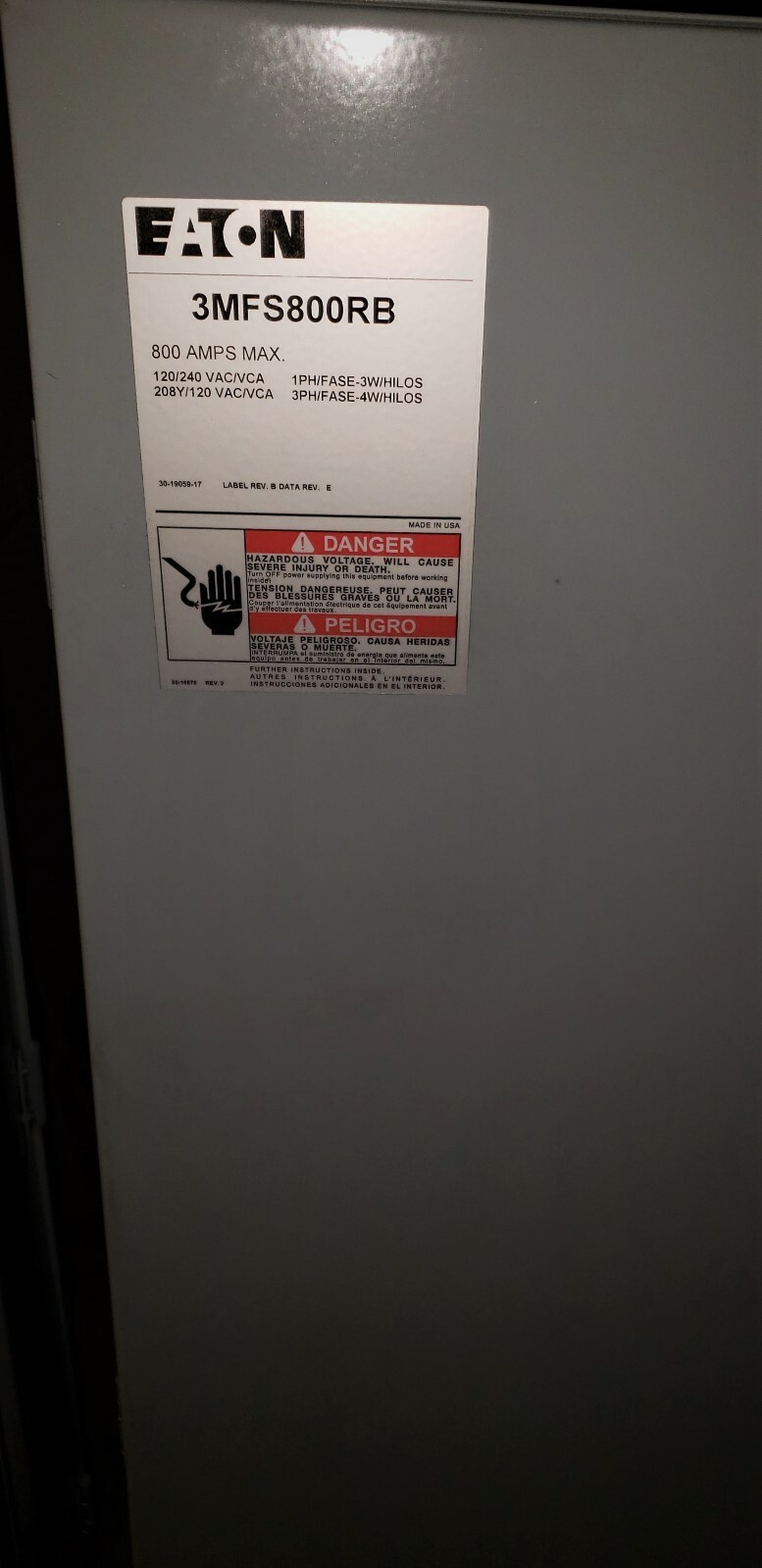 EATON MAIN FUSIBLE SWITCH 800 AMP 3 PHASE