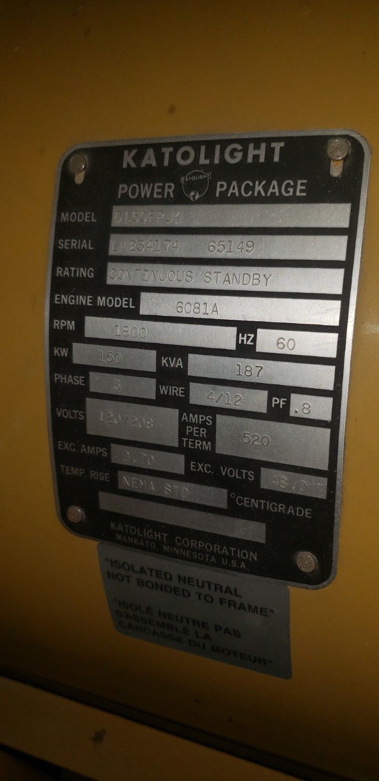 Katolight 150 kW standby diesel John Deere 3 phase 2007  D150FPJ4