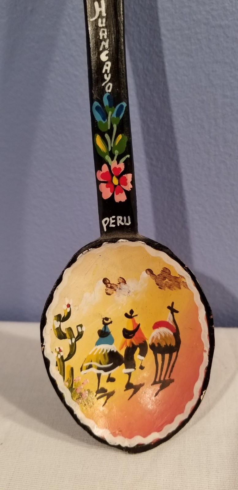 Vintage Hand Carved & Painted Wooden Spoon Peruvian South America Souvenir