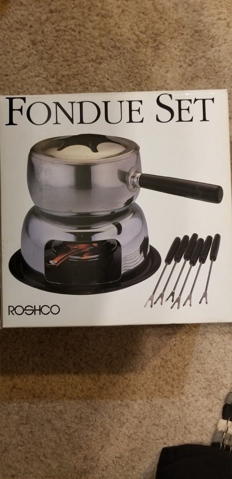 NEW Roshco Fondue Set Stainless Steel Pot Sterno Chafing 6 Forks Denatured Fuel