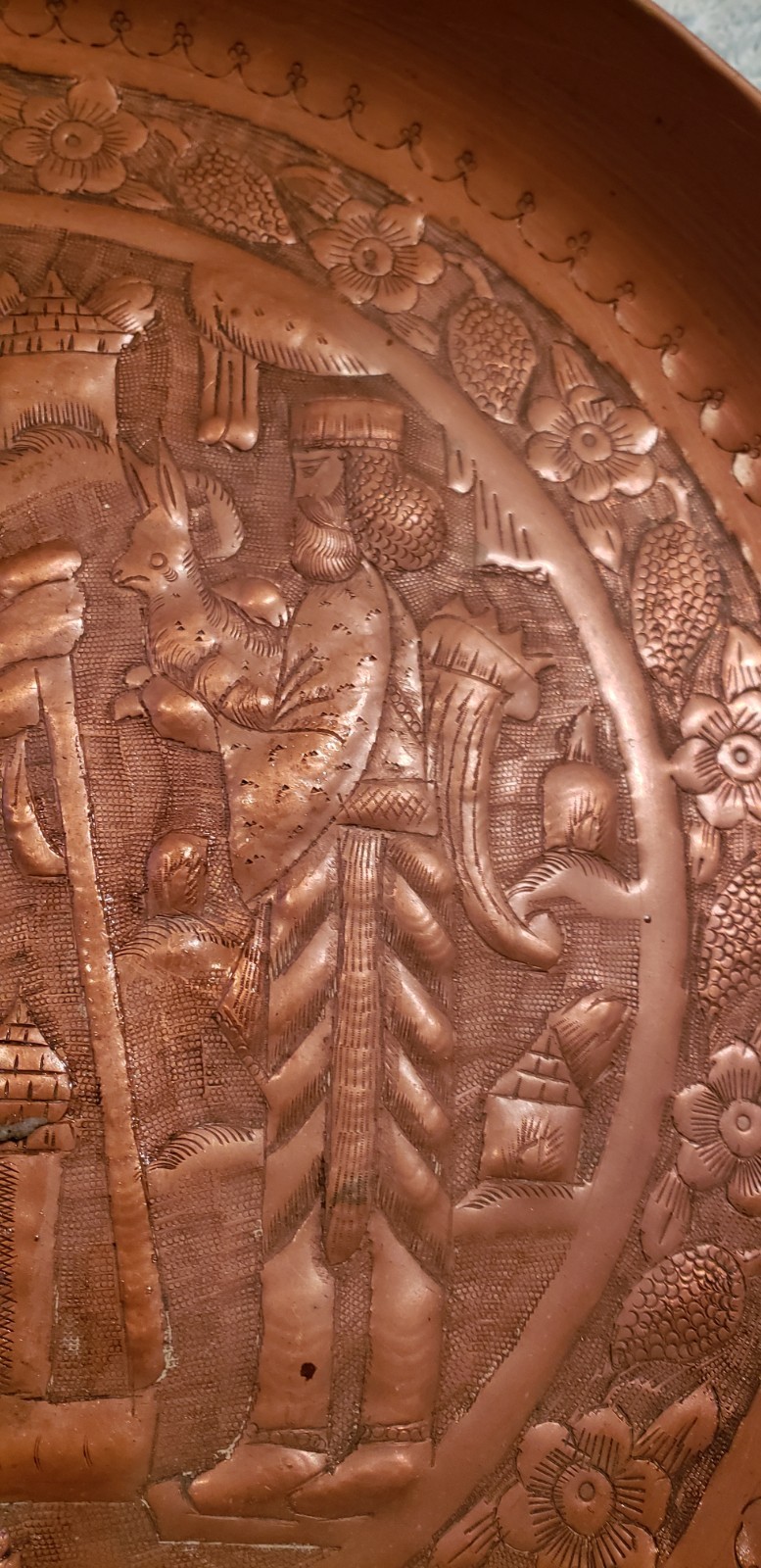 Vintage Hand Tooled Copper Persian Three Kings w/Scottish Terrier dog??