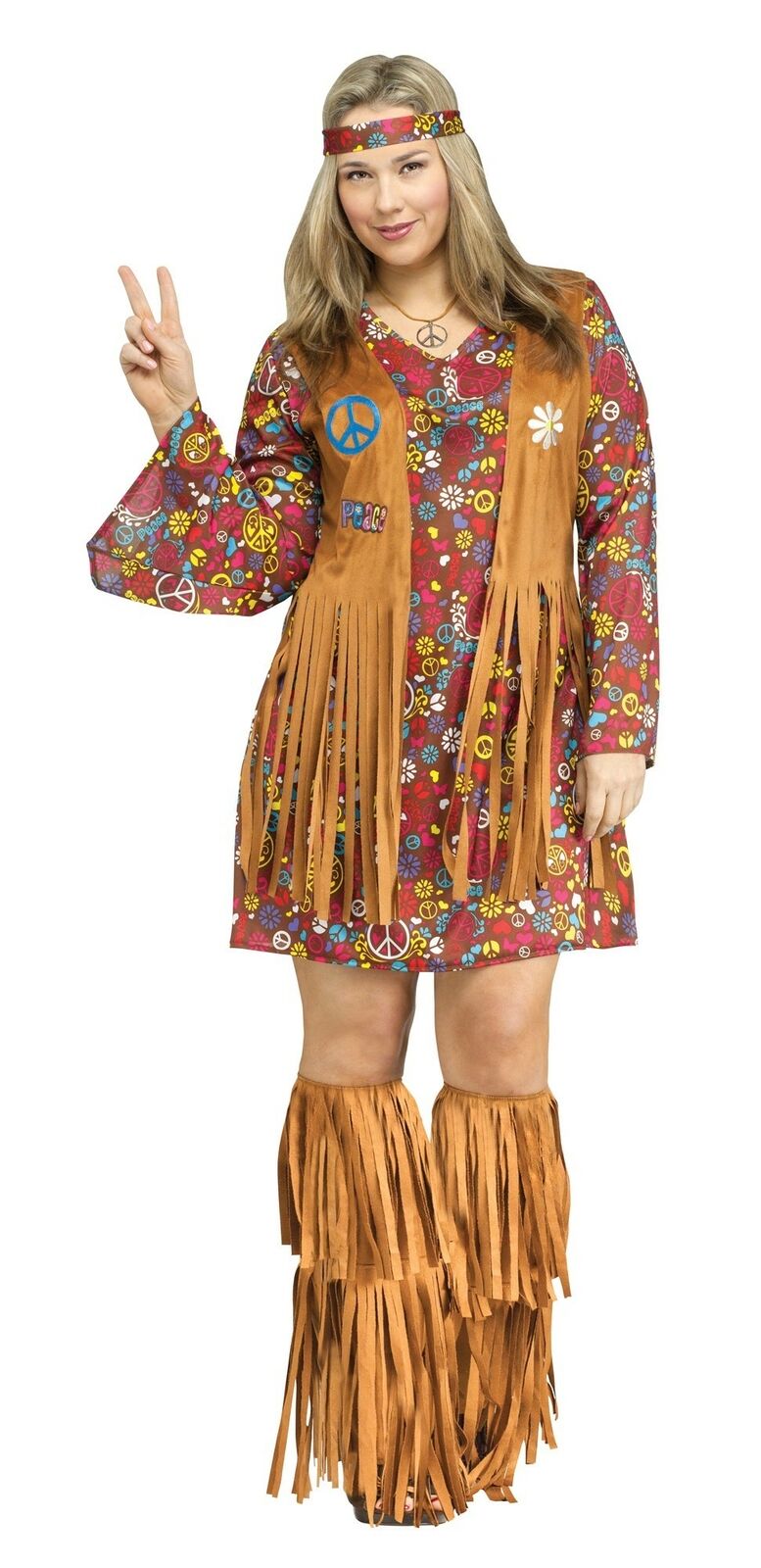 Peace Love Hippie 60s Adult Ladies Halloween Costume Plus Size Vest ...