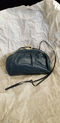 Vintage Etra Navy Blue Leather Purse, Goldtone Hardware, Delicate Shoulder Strap