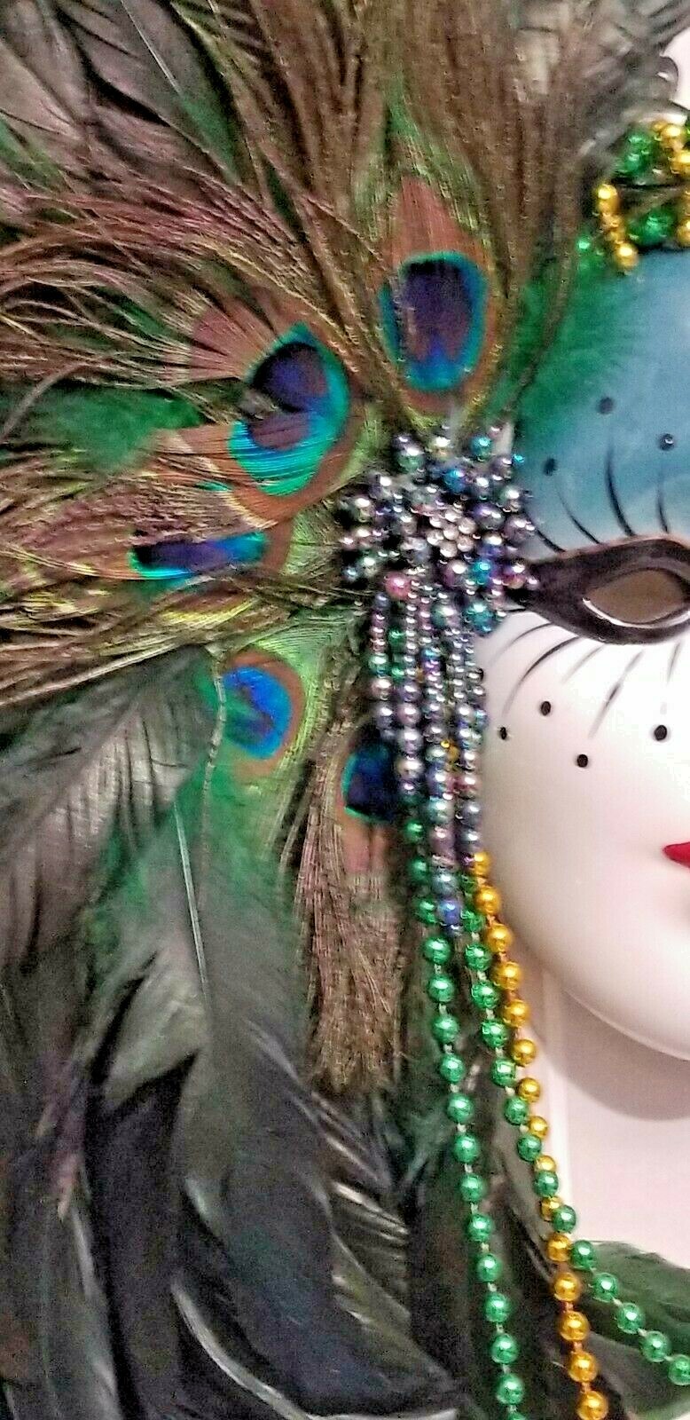 Turquoise PEACOCK DREAM CERAMIC MASK  Mardi Gras LARGE Feather Lady Beautiful !!