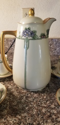 Vintage Silesia Purple Pink Green Floral Tea Coffee Pot Six Cups Five Saucers