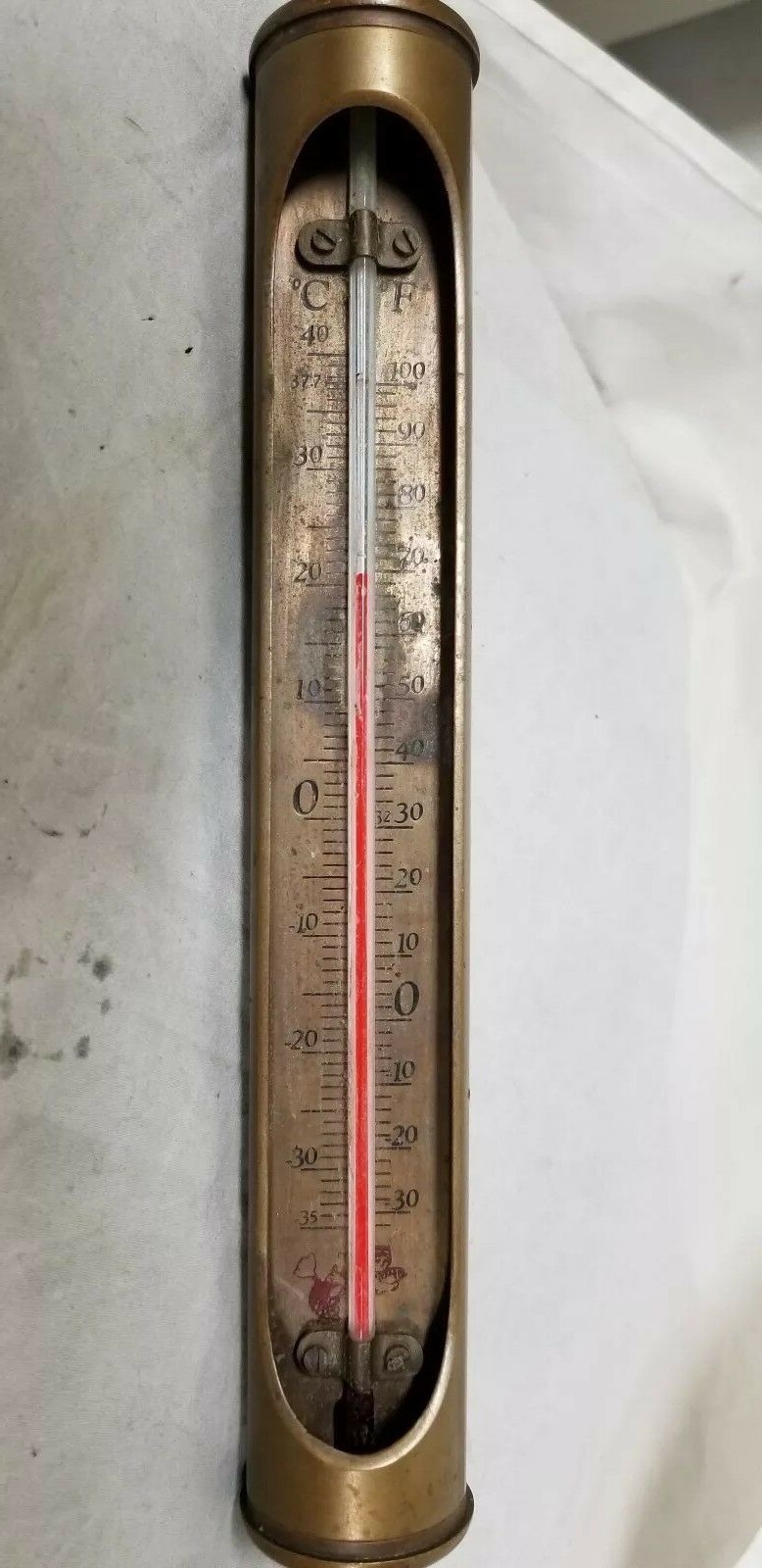 Vintage Brass Stick Wall Thermometer ~ Swivel ~ Mermaid w/ Fish Logo