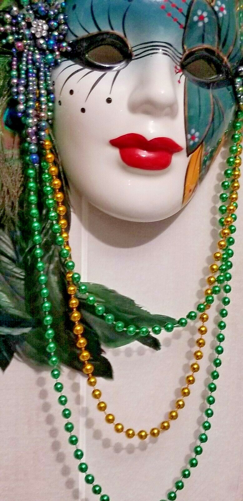 Turquoise PEACOCK DREAM CERAMIC MASK  Mardi Gras LARGE Feather Lady Beautiful !!