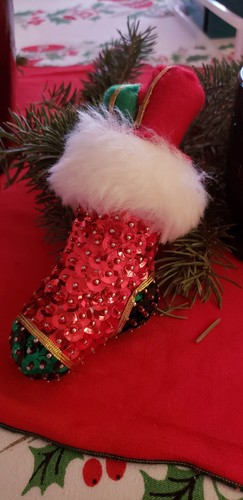 Vintage Handmade Christmas Ornament Sequin Beaded Push Pins Fur Stocking-5-1/2