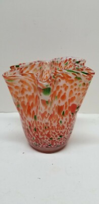 ART GLASS BLOWN RED ORANGE WHITE GREEN GOLD LUTZ NAPKIN VASE