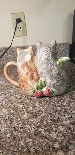 Takahashi Figural Two Kitty Cat Pitcher with Strawberries & Flowers Hand Painted