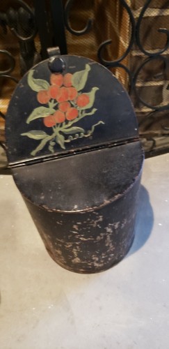 Vintage Metal Hinged Lid Fatwood Or Ashes Painted Container Hearth Accessory