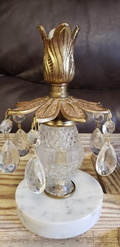 Vtg Pair marble base candle stick holders dangle prisms Italy Romania