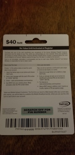 Brand New $40 Verizon Wireless Prepaid Refill Card (Mail Delivery)email Too!