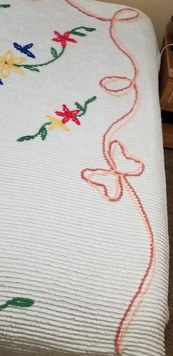 Vintage Chenille White Bedspread w/Colorful Butterfly Flower Design