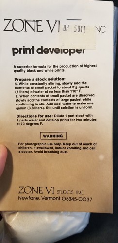 Zone VI print film developer production of black and white prints